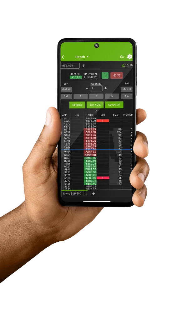 Hand holding mobile trading platform